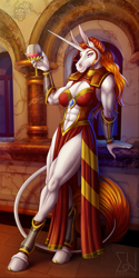 Size: 797x1600 | Tagged: safe, artist:sunny way, oc, oc only, oc:kelesta, horse, unicorn, anthro, equis universe, abs, alacorna, alcohol, anthro horse, art, artwork, celestin, clothes, digital art, dress, dressed, exclusive, female, fit, leonine tail, makeup, mare, muscles, muscular female, pinup, slender, smiling, solo, strong, tail, thin, wine