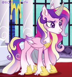 Size: 933x1003 | Tagged: safe, artist:caffeinatedcarny, edit, screencap, princess cadance, alicorn, pony, g4, alternate design, blaze (coat marking), closed mouth, coat markings, colored eartips, colored wings, concave belly, cuffs, curved horn, ear fluff, eyebrows, facial markings, female, folded wings, frown, gilded horn, gradient legs, gradient mane, gradient tail, gradient wings, hoof fluff, hoof shoes, horn, horn markings, jewelry, long mane, mare, markings, multicolored wings, peytral, princess shoes, purple eyes, quadrupedal, raised eyebrow, redesign, redraw, regalia, screenshots, slender, solo, tail, thin, unshorn fetlocks, wings
