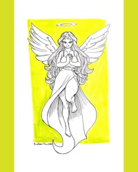 Size: 1080x1350 | Tagged: safe, artist:brother-tico, sunset shimmer, angel, human, g4, barefoot, breasts, busty sunset shimmer, cleavage, feet, female, huevember, humanized, looking at you, smiling, smiling at you, solo, spread wings, traditional art, winged humanization, wings