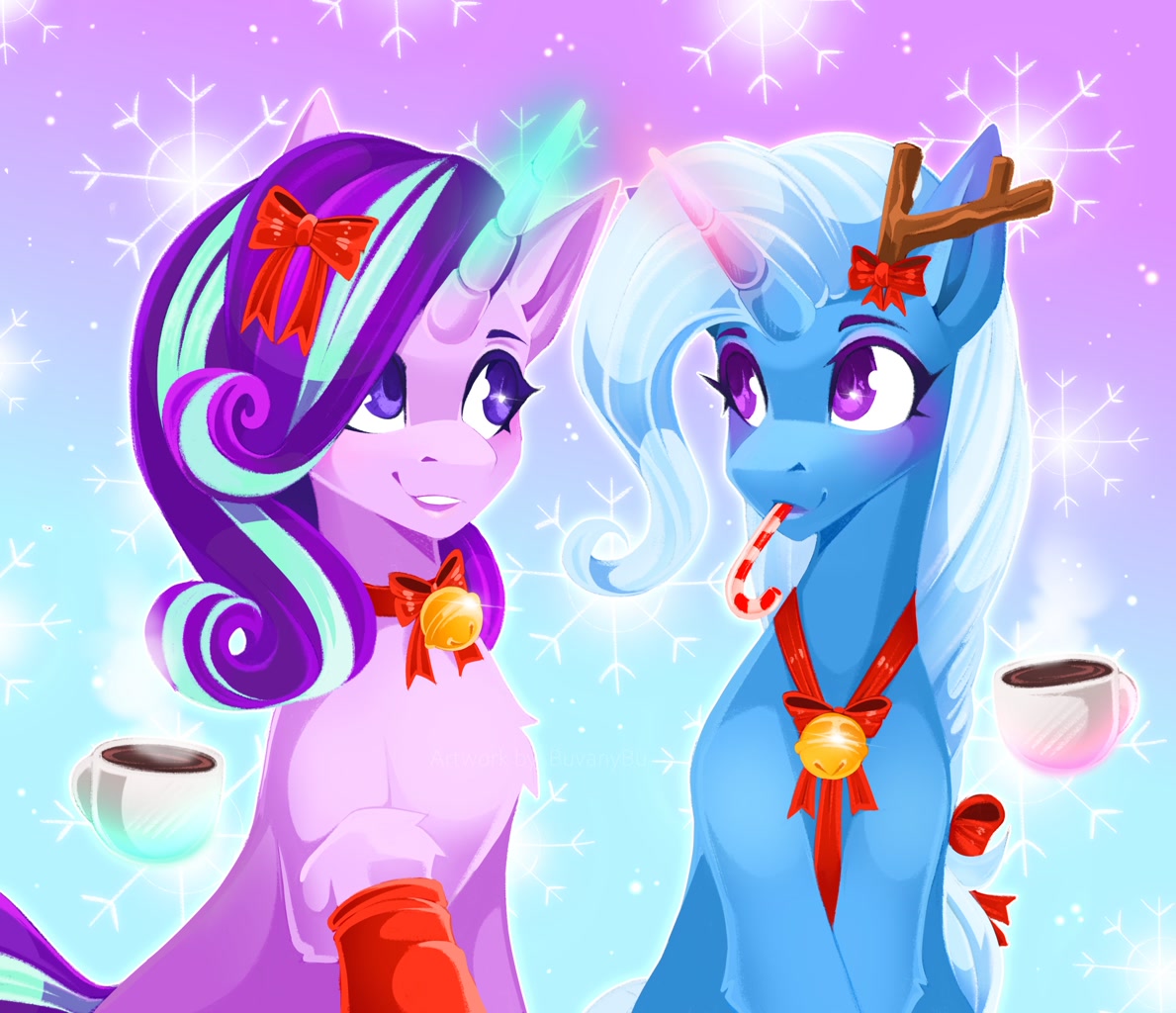 [bell,bow,candy,candy cane,chest fluff,chocolate,clothes,collar,duo,female,food,g4,hair bow,high res,hot chocolate,mare,pony,safe,socks,trixie,unicorn,duo female,starlight glimmer,smiling,bell collar,hair over one eye,artist:buvanybu]
