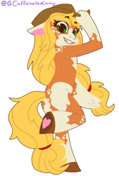 Size: 1218x1802 | Tagged: safe, artist:caffeinatedcarny, applejack, earth pony, anthro, unguligrade anthro, g4, ass, butt, coat markings, cowboy hat, dappled, freckles, hat, markings, simple background, solo, stylized, transparent background