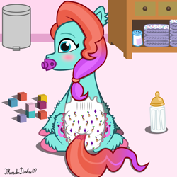 Size: 1280x1280 | Tagged: safe, artist:thunderdasher07, jazz hooves, earth pony, pony, g5, abdl, adult foal, baby bottle, baby powder, blocks, blushing, both cutie marks, butt, butt focus, caught, changing table, diaper, diaper butt, diaper fetish, diaper pail, ear fluff, female, fetish, hoof fluff, indoors, leg fluff, looking back, mare, non-baby in diaper, nursery, pacifier, plot, ponytail, poofy diaper, rear view, room, signature, sitting, solo, tail, tail hole, unshorn fetlocks
