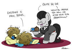 Size: 2379x1671 | Tagged: safe, artist:bobthedalek, oc, oc only, oc:jeeves, oc:kettle master, earth pony, pony, butler, clothes, exhausted, eyes closed, messy mane, simple background, suit, teapot, tray, white background