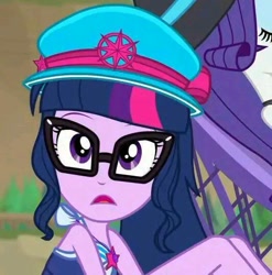 Size: 533x540 | Tagged: safe, screencap, rarity, sci-twi, twilight sparkle, equestria girls, equestria girls series, forgotten friendship, g4, bare shoulders, cap, clothes, cropped, glasses, hat, open mouth, sci-twi swimsuit, sleeveless, swimsuit, wide eyes