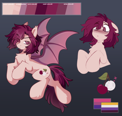 Size: 2500x2390 | Tagged: safe, artist:crimmharmony, oc, oc only, oc:crimm harmony, bat pony, bat pony oc, bat wings, bedroom eyes, bisexual pride flag, blushing, chest fluff, colored wings, cutie mark, gradient background, high res, looking at you, nonbinary pride flag, pride, pride flag, reference sheet, solo, spread wings, wings
