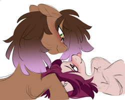 Size: 1400x1118 | Tagged: safe, artist:crimmharmony, oc, oc only, oc:be sharp, oc:crimm harmony, bat pony, earth pony, pony, blushing, colored sketch, ears back, female, lidded eyes, looking at each other, looking at someone, male, oc x oc, shipping, simple background, sketch, stallion, straight, white background