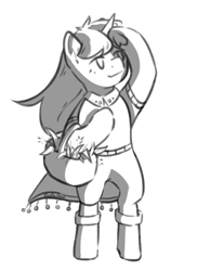 Size: 754x1033 | Tagged: safe, artist:ju4111a, oc, oc only, pony, unicorn, basket, black and white, boots, clothes, female, grass, grayscale, herbs, looking at something, mare, monochrome, pants, plants, raincoat, raised hoof, shirt, shoes, simple background, sketch, smiling, solo, white background