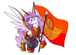 Size: 2268x1652 | Tagged: safe, artist:moonatik, oc, oc only, oc:iron glamour, pegasus, pony, armor, armored pony, clothes, commission, flag, gold, not celestia, pegasus oc, shield, simple background, solar empire, solo, spear, transparent background, uniform, weapon