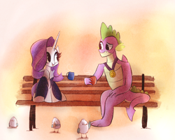 Size: 2500x2000 | Tagged: safe, artist:thebigstuff89, rarity, spike, bird, dragon, pony, unicorn, g4, the last problem, bench, female, gigachad spike, high res, looking at each other, male, mug, older, older rarity, older spike, ship:sparity, shipping, sitting, smiling, smiling at each other, straight