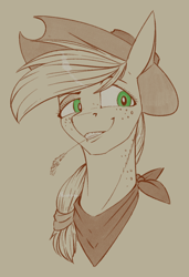 Size: 650x950 | Tagged: safe, artist:stray prey, applejack, earth pony, pony, g4, bandana, bust, female, limited palette, mare, portrait, simple background, solo, sternocleidomastoid, straw in mouth