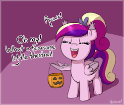 Size: 2576x2184 | Tagged: safe, artist:heretichesh, princess cadance, bat pony, pegasus, pony, g4, bat pony costume, clothes, costume, cute, cutedance, eyebrows, eyebrows visible through hair, eyes closed, fake fangs, fangs, female, filly, filly cadance, foal, halloween, high res, holiday, nightmare night costume, offscreen character, one wing out, open mouth, open smile, pegasus cadance, pumpkin bucket, rawr, signature, smiling, solo, trick or treat, wings, younger