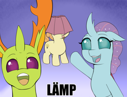 Size: 3000x2288 | Tagged: safe, artist:heretichesh, ocellus, thorax, oc, oc:lampshade, changedling, changeling, pony, g4, behaving like a moth, bugs doing bug things, foal, gradient background, hat, high res, king thorax, lampshade, lampshade hat, lämp, meme, pointing, talking to viewer, tongue out, trio, wojak