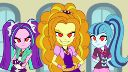 Size: 750x422 | Tagged: safe, edit, edited screencap, screencap, adagio dazzle, aria blaze, sonata dusk, equestria girls, g4, my little pony equestria girls: rainbow rocks, evil smile, flirting, grin, heart, heart eyes, smiling, the dazzlings, wingding eyes