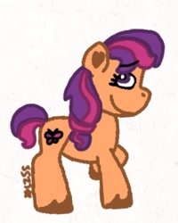 Size: 662x828 | Tagged: safe, artist:starrscout-23, derpibooru exclusive, scootaloo (g3), earth pony, pony, g3, g3.5, female, heart ears, mare, pink mane, purple mane, signature, simple background, solo, unshorn fetlocks, white background