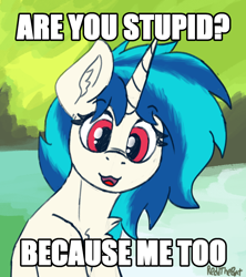 Size: 1630x1838 | Tagged: safe, artist:reddthebat, dj pon-3, vinyl scratch, pony, unicorn, g4, bait and switch, caption, female, image macro, looking at you, mare, missing accessory, no glasses, open mouth, open smile, smiling, smiling at you, solo, talking to viewer, text