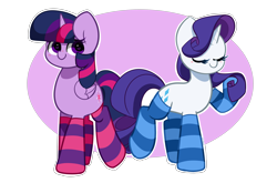 Size: 5173x3405 | Tagged: safe, artist:kittyrosie, rarity, twilight sparkle, alicorn, pony, unicorn, g4, absurd resolution, clothes, cute, duo, duo female, eyes closed, female, folded wings, heart, heart eyes, horn, looking at you, mare, raised hoof, raised leg, raribetes, simple background, smiling, smiling at you, socks, striped socks, transparent background, twiabetes, twilight sparkle (alicorn), wingding eyes, wings