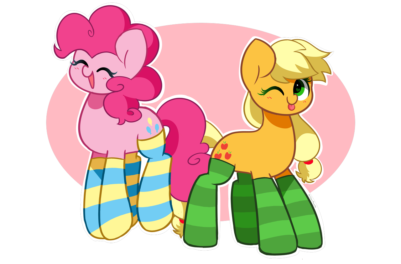 [:p,applejack,clothes,cute,earth pony,eyes closed,g4,open mouth,pinkie pie,pony,safe,simple background,socks,transparent background,wink,tongue out,one eye closed,diapinkes,jackabetes,striped socks,absurd resolution,artist:kittyrosie]