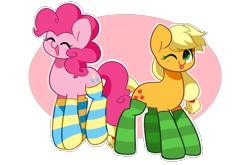 Size: 5723x3776 | Tagged: safe, artist:kittyrosie, applejack, pinkie pie, earth pony, pony, g4, :p, absurd resolution, clothes, cute, diapinkes, duo, duo female, eyes closed, female, hatless, heart, heart eyes, jackabetes, looking at you, mare, missing accessory, one eye closed, open mouth, open smile, simple background, smiling, smiling at you, socks, striped socks, tongue out, transparent background, wingding eyes, wink, winking at you