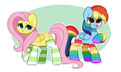 Size: 5688x3388 | Tagged: safe, artist:kittyrosie, fluttershy, rainbow dash, pegasus, pony, g4, :p, absurd resolution, clothes, cute, dashabetes, duo, duo female, female, folded wings, heart, heart eyes, looking at you, mare, rainbow socks, raised hoof, shyabetes, simple background, smiling, smiling at you, socks, striped socks, tongue out, transparent background, wingding eyes, wings