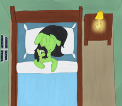 Size: 1471x1276 | Tagged: safe, artist:ponycolton, oc, oc only, oc:filly anon, pony, bed, cuddling, female, filly, in bed, lamp, pillow, plushie, self plushidox, sleeping, solo, window