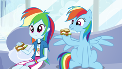 Size: 3840x2160 | Tagged: safe, artist:octosquish7260, rainbow dash, human, pegasus, pony, equestria girls, g4, belly, breakfast, cheek bulge, couch, eating, egg, egg (food), egg sandwich, female, food, high res, human ponidox, mare, sandwich, self paradox, self ponidox, sitting