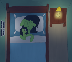 Size: 1471x1276 | Tagged: safe, alternate version, artist:ponycolton, oc, oc only, oc:filly anon, pony, bed, blanket, cuddling, female, filly, lamp, night, pillow, plushie, self plushidox, sleeping, solo, stars, table, window