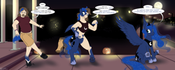 Size: 8151x3250 | Tagged: safe, artist:halcy0n, princess luna, alicorn, human, pony, g4, absurd resolution, commission, commissioner:jrain9110, dialogue, female, halloween, holiday, human male, human to pony, jack-o-lantern, male, male to female, mare, moon, pumpkin, speech change, transformation, transformation sequence, transgender transformation
