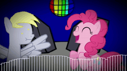 Size: 1920x1080 | Tagged: safe, artist:pyrogaming, derpy hooves, pinkie pie, earth pony, pegasus, pony, g4, animated, background pony, blue background, cute, derpabetes, disco ball, friday night funkin', huh, meme, music, onomatopoeia, question mark, reference to another series, remix, simple background, song, song reference, sound, sound effects, speaker, video, video at source, webm, wow! glimmer