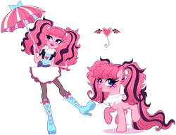 Size: 3492x2684 | Tagged: safe, artist:gihhbloonde, oc, oc only, earth pony, human, pony, equestria girls, g4, adoptable, blue eyes, boots, cardigan, clothes, crossover fusion, equestria girls-ified, fangs, female, fishnet pantyhose, fusion, fusion:draculaura, fusion:pinkie pie, gradient hair, gradient mane, gradient tail, high heel boots, high res, jabot, lightly watermarked, lipstick, long tail, mare, monster high, open mouth, parasol (umbrella), pigtails, pointed ears, raised hoof, shoes, simple background, skirt, smiling, standing, standing on one leg, standing on two hooves, tail, transparent background, watermark