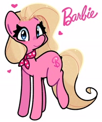 Size: 1911x2284 | Tagged: safe, artist:kindakismet, earth pony, pony, barbie, barbie (film), heart, neckerchief, ponified, simple background, smiling, solo, white background