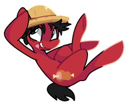 Size: 2139x1802 | Tagged: safe, artist:kindakismet, earth pony, pony, anime, hat, monkey d. luffy, one piece, ponified, simple background, smiling, straw hat, white background