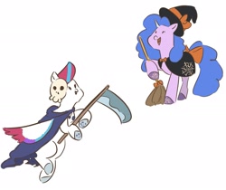 Size: 1909x1606 | Tagged: safe, artist:mayugraffiti, izzy moonbow, zipp storm, pegasus, pony, unicorn, g5, broom, clothes, costume, duo, female, grim reaper, halloween, halloween costume, hoof hold, mare, mask, scythe, simple background, white background, witch costume