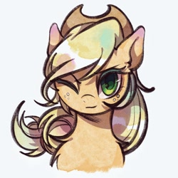 Size: 1080x1080 | Tagged: safe, artist:tkotu434, applejack, earth pony, pony, g4, chest fluff, female, looking at you, mare, one eye closed, simple background, smiling, smiling at you, solo, white background, wink, winking at you