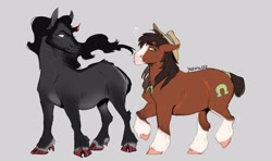 Size: 2550x1512 | Tagged: safe, artist:yozora122, king sombra, trouble shoes, earth pony, pony, unicorn, g4, broken horn, cloven hooves, crack shipping, gay, gray background, horn, looking at each other, looking at someone, male, shipping, simple background, stallion, story included