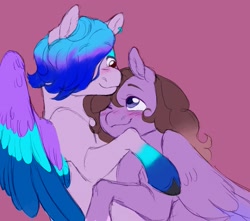 Size: 1700x1500 | Tagged: safe, artist:abbytabbys, arpeggia, oc, oc:briar mist, pegasus, pony, g5, androgynous, blushing, canon x oc, colored fetlocks, commissioner:briarlight, cuddling, curly hair, cute, ear piercing, earring, jewelry, nonbinary, piercing, purple background, ship:bripeggia, shipping, simple background, unshorn fetlocks