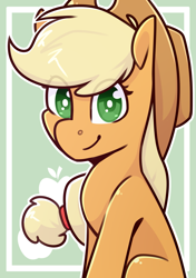 Size: 2039x2894 | Tagged: safe, artist:jellysketch, part of a set, applejack, earth pony, pony, g4, applejack's hat, cowboy hat, cutie mark background, eye clipping through hair, female, hat, high res, looking at you, mare, signature, smiling, smiling at you, solo