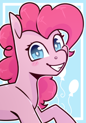 Size: 2039x2894 | Tagged: safe, artist:jellysketch, part of a set, pinkie pie, earth pony, pony, g4, blush sticker, blushing, cutie mark background, female, grin, high res, looking at you, mare, smiling, smiling at you, solo