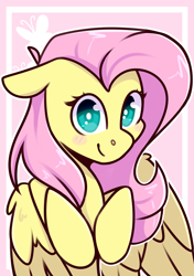 Size: 2039x2894 | Tagged: safe, artist:jellysketch, part of a set, fluttershy, pegasus, pony, g4, blush sticker, blushing, cute, cutie mark background, daaaaaaaaaaaw, female, floppy ears, high res, hooves to the chest, looking at you, mare, outline, partially open wings, shyabetes, smiling, smiling at you, solo, white outline, wings