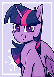 Size: 2039x2894 | Tagged: safe, artist:jellysketch, part of a set, twilight sparkle, alicorn, pony, g4, blush sticker, blushing, cute, cutie mark background, eye clipping through hair, female, high res, horn, looking at you, mare, partially open wings, smiling, smiling at you, solo, twiabetes, twilight sparkle (alicorn), wings