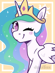 Size: 2067x2756 | Tagged: safe, artist:jellysketch, part of a set, princess celestia, alicorn, pony, g4, blush sticker, blushing, crown, cute, cutelestia, cutie mark background, ethereal mane, female, high res, horn, jewelry, looking at you, mare, one eye closed, regalia, signature, smiling, smiling at you, solo, wings, wink, winking at you