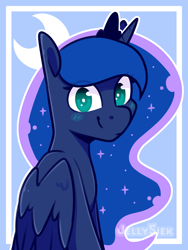 Size: 2067x2756 | Tagged: safe, artist:jellysketch, part of a set, princess luna, alicorn, pony, g4, blush sticker, blushing, cute, cutie mark background, ethereal mane, eye clipping through hair, female, galaxy mane, high res, horn, looking at you, lunabetes, mare, signature, smiling, smiling at you, solo, wings