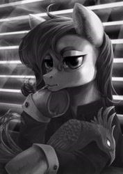 Size: 1920x2717 | Tagged: safe, alternate version, artist:catofrage, oc, oc only, earth pony, phoenix, pony, black and white, bowtie, cigarette, clothes, female, grayscale, mare, monochrome, smoking, solo