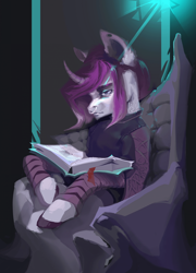 Size: 1920x2667 | Tagged: safe, artist:kaikamoi, oc, oc only, pony, unicorn, book, chair, clothes, curved horn, female, horn, mare, nose piercing, nose ring, piercing, reading, sitting, solo