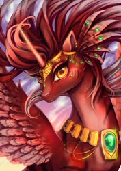Size: 2480x3508 | Tagged: safe, artist:catofrage, oc, oc only, alicorn, pony, alicorn oc, bust, ear piercing, earring, female, high res, jewelry, looking at you, mare, necklace, peytral, piercing, portrait, regalia, solo, spread wings, wings