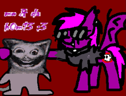 Size: 757x577 | Tagged: safe, artist:xxv4mp_g4z3rxx, oc, oc:violet valium, bat pony, pony, 1000 hours in ms paint, animal, bipedal, clothes, creepypasta, fangs, holding, hoodie, hug, looking at you, mr widemouth, ms paint, smiling, sunglasses