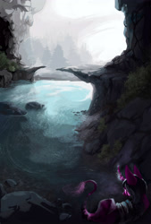 Size: 4050x6000 | Tagged: safe, artist:kaikamoi, oc, oc only, pony, unicorn, bridge, curved horn, detailed background, facial markings, female, horn, leonine tail, mare, river, scenery, scenery porn, solo, tail, water