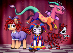 Size: 4369x3200 | Tagged: safe, artist:lina, doll pony, draconequus, earth pony, hagwarders, object pony, original species, pony, ambiguous gender, animate object, broken, button eyes, clothes, costume, crossover, doll, draconequified, dress, female, gangle, group, hat, jester, jester hat, jester outfit, living doll, living toy, looking at you, mare, mask, mismatched eyes, pomni, ponified, ponmi, quartet, ragatha, ragdoll, ribbon, sitting, smiling, species swap, swirly eyes, the amazing digital circus, toy, zolo-toy, zooble