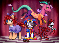 Size: 4369x3200 | Tagged: safe, alternate version, artist:lina, doll pony, draconequus, earth pony, hagwarders, object pony, original species, pony, ambiguous gender, animate object, bow, broken, button eyes, clothes, costume, crying, depressed, doll, draconequified, dramatic, dress, emanata, eye twitch, female, flying, gangle, grin, group, hair bow, hat, jester, jester hat, jester outfit, living doll, living toy, looking at you, mare, mask, mismatched eyes, nervous, nervous smile, pomni, ponified, ponmi, quartet, ragatha, ragdoll, ribbon, rule 85, sitting, smiling, smiling at you, species swap, sweat, sweatdrops, swirly eyes, the amazing digital circus, toy, zolo-toy, zooble