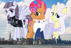 Size: 2200x1466 | Tagged: safe, anonymous editor, artist:cheezedoodle96, edit, inky rose, lily lace, starstreak, earth pony, pegasus, pony, unicorn, g4, clothes, dress, female, giant pony, giantess, glasses, highrise ponies, irl, macro, male, manhattan, mare, new york, new york city, photo, ponies in real life, see-through, spread wings, stallion, story included, trio, wings