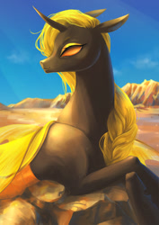 Size: 848x1200 | Tagged: safe, artist:catofrage, oc, oc only, changeling, pony, curved horn, female, horn, mare, solo, yellow changeling